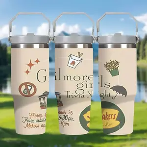 1pc Gilmore Girls themed party night item, 30oz stainless steel insulated water bottle with handle and straw - double-layer insulated portable travel cup, perfect for travel, office and as a gift, large capacity car ice cup, outdoor camping coffee cup/mug