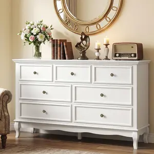 RoyalCraft Modern 7-Drawer White Dresser with Solid Wood Legs & Painted Finish, Large Wooden Storage Cabinet Organizer for Bedroom, Living Room, Hallway, Closet Organization, Dresser Set Style with Matching 3-Drawer Nightstand (Sold Separately)