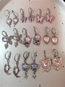 Gothic Cute Dreamy Fairy Vintage Y2K Moonstone Heart Star Bow Pendant Earrings, Women's Halloween Party Gift, Festival Present