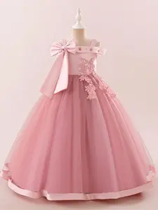 7-12Y Pink Kids Clothes Big Bow Flower Girls Princess Long Ball Gown Frock Beading Embroidered Children Formal Evening Party Banquet Pageant Prom Host Dress for All Season