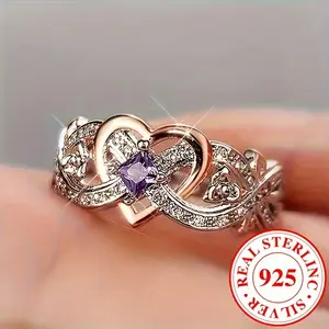Two-Tone Infinity Love Amethyst Ring for Women – 925 Sterling Silver Wedding Engagement Ring， Hypoallergenic Purple Gemstone Stackable Ring， Unique Jewellery for Her， Valentine's Day Birthday Anniversary Gift