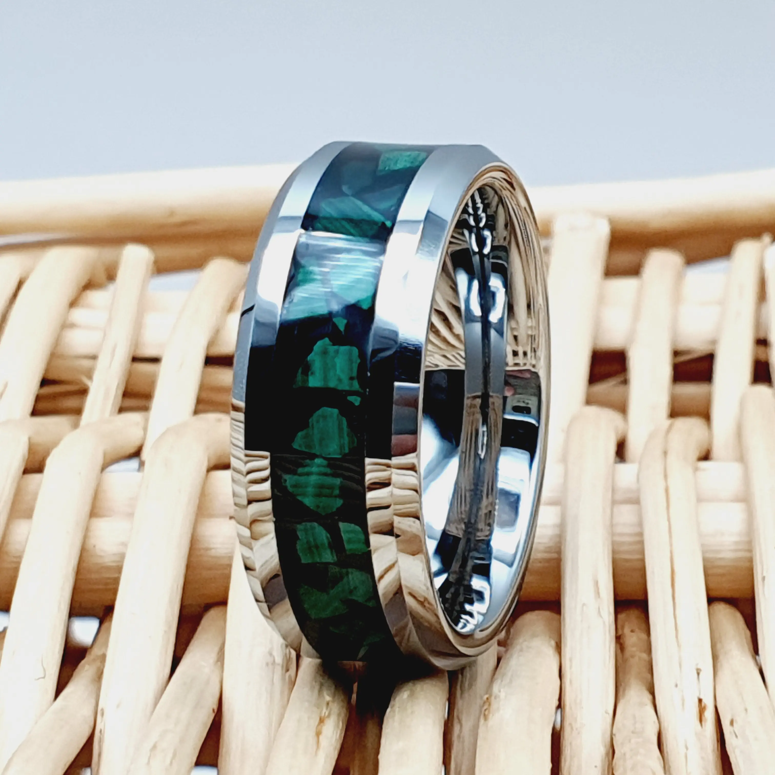 Silver Tungsten Band with Unique Malachite Mineral Stone Inlay for Men and Women - Engagement Ring