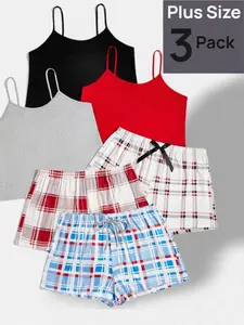 【Plus Size】 Plain Cami Top & Plaid Print Elastic Waist Shorts Pyjama Set, Casual Comfy Spaghetti Strap Camisole & Shorts PJ Set, Women's Sleepwear for Summer