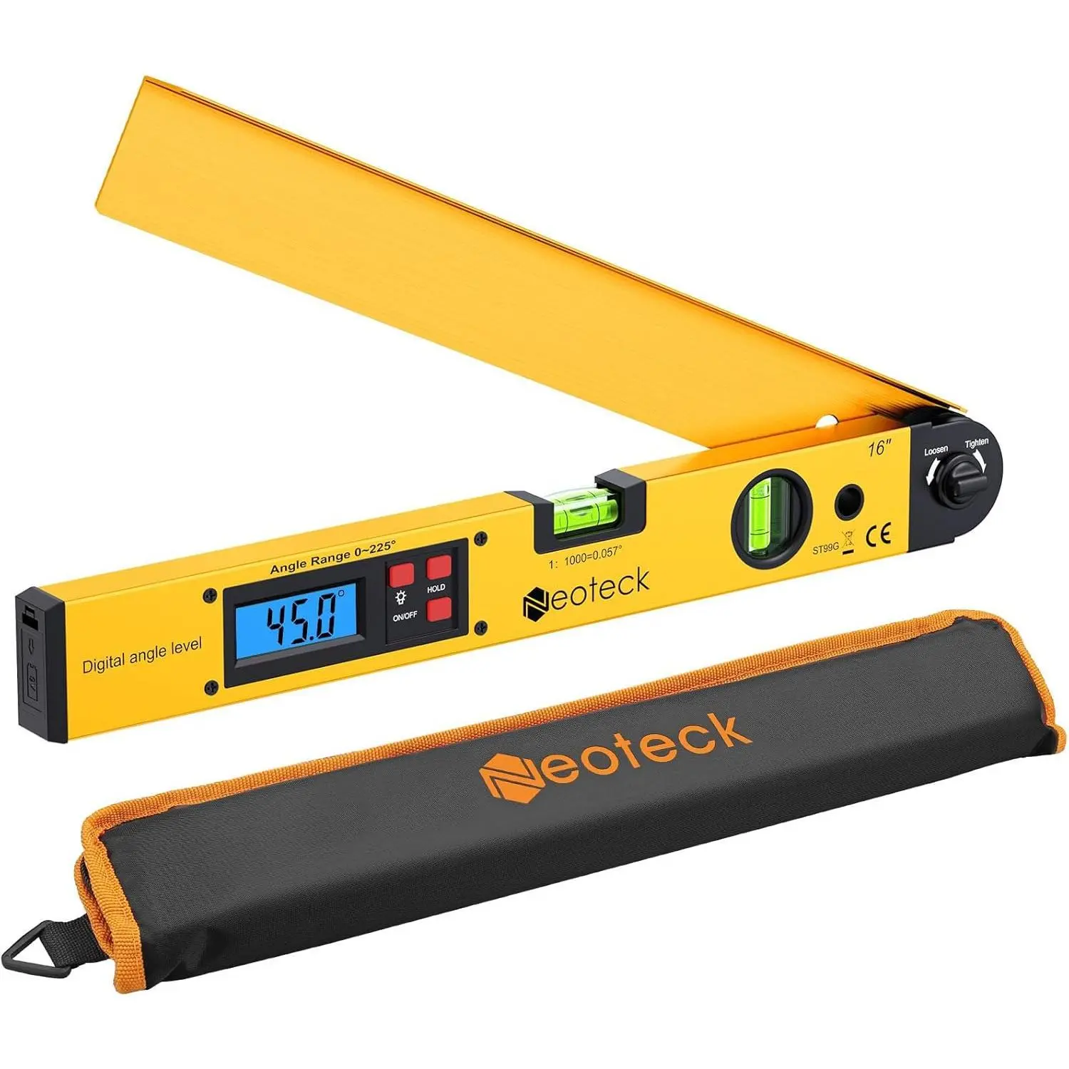 Neoteck 225° 16 inch Digital Angle Finder Aluminum Protractor with LCD Backlight Digital Angle Measuring Tool with Horizontal and Vertical Bubble for Woodworking, Construction, Machinery - Golden