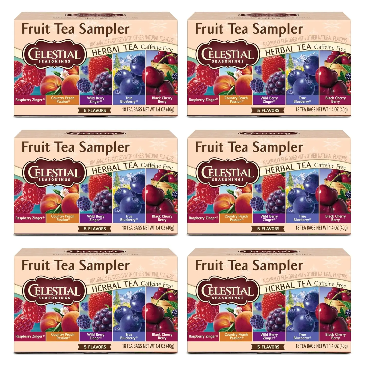 (Pack of 6) Celestial Seasonings Fruit Tea Sampler Herbal Variety Pack, Caffeine Free, 18 Tea Bags Box