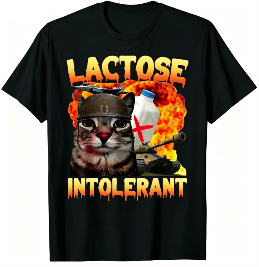 Women's 100% Cotton Short-Sleeve Round Neck Casual T-Shirt, Lactose Intolerant Funny Cat Meme Graphic Top