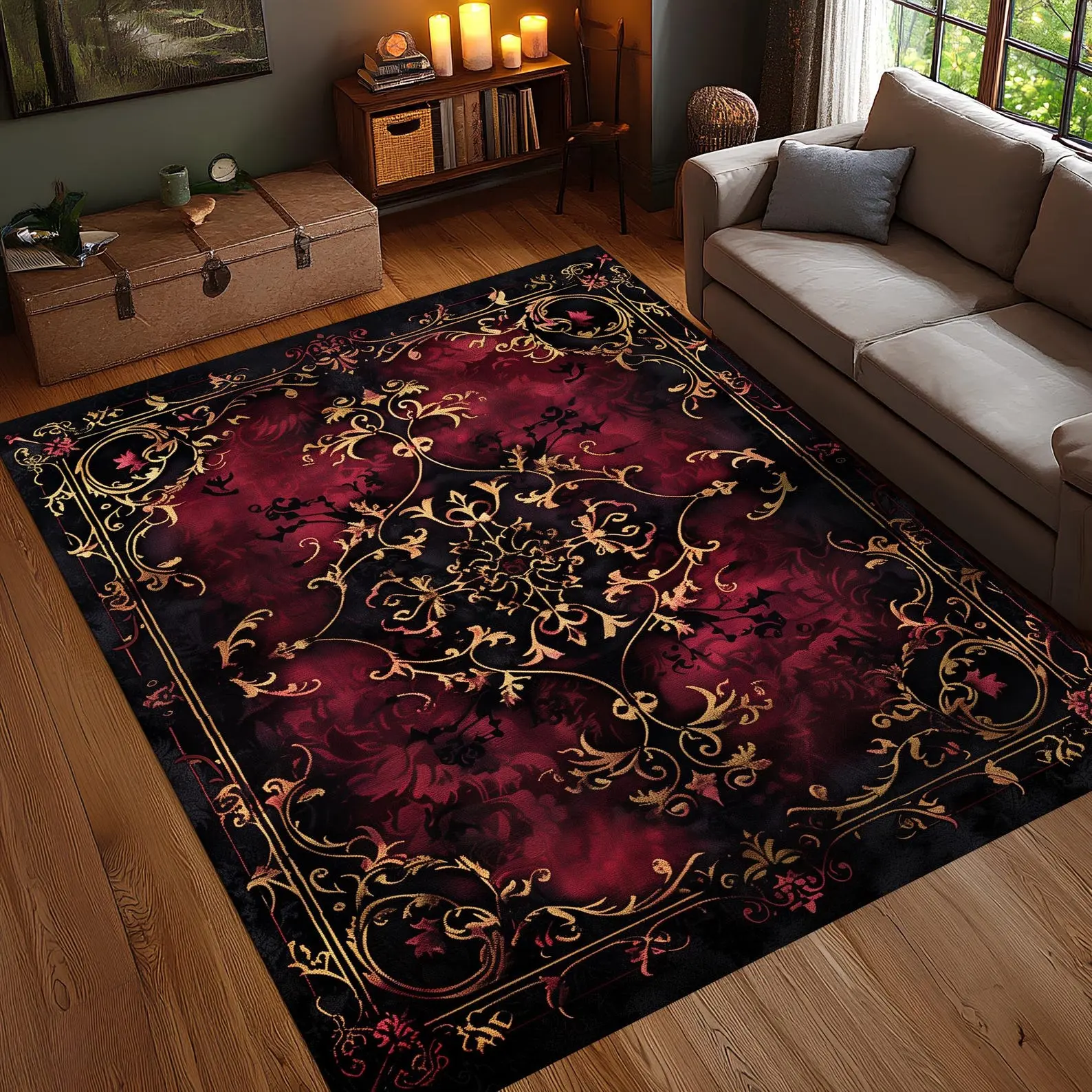Gothic Red Black Floral Rug, Baroque Vintage Style Carpet, Ornate Dark Pattern Living Room Area Rug, Washable Non Slip Rug