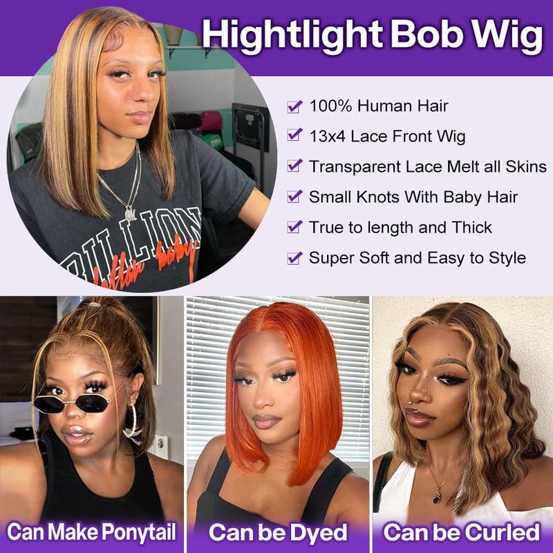 Hihmarm Ombre 4/27 Bob Wig Human Hair Highlight Honey Blonde Lace Frontal Bob Wigs 13x4 Straight Transparent Lace Front Wig Short Wig Human Hair Pre Plucked 14 Inch