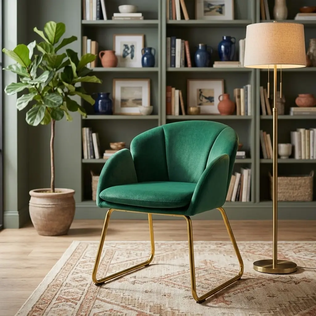 Art Deco Accent Chair - Modern Flower-Shaped Vanity Chair with Gold Metal Legs, Ergonomic Armrests, Soft Velvet PU Leather, Bottom Protective Caps, Space-Saving Single Sofa for Bedroom, Makeup Room Home Decor, Artistic Art Deco Style, Assembly Required, A