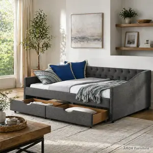 Convertible Sleeper Couch - Full-Size Upholstered Mid-Century Living Room Upholstered Sofas, Tufted Daybed with Drawers, Waved Arms with Copper Nails, Button-Tufted Back (80.5in x55.5in x27.5in, 75in x54in, OLD SKU: W1413S00032)