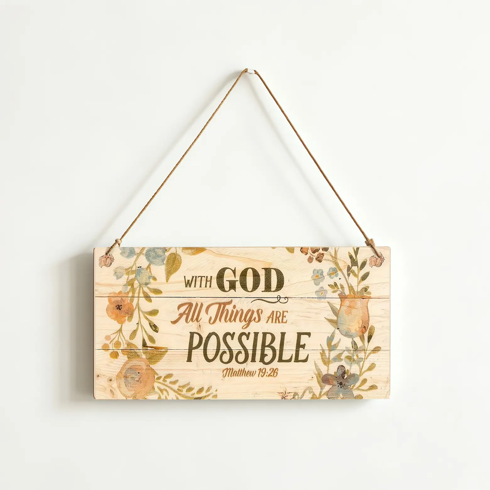 With God All Things Are Possible Wooden Hanging Sign 1pc Vintage Floral Print Wall Decor Bible Verse Quote Gift for Christian Believer for Christmas Thanksgiving Birthday Home Wall Door Ornament