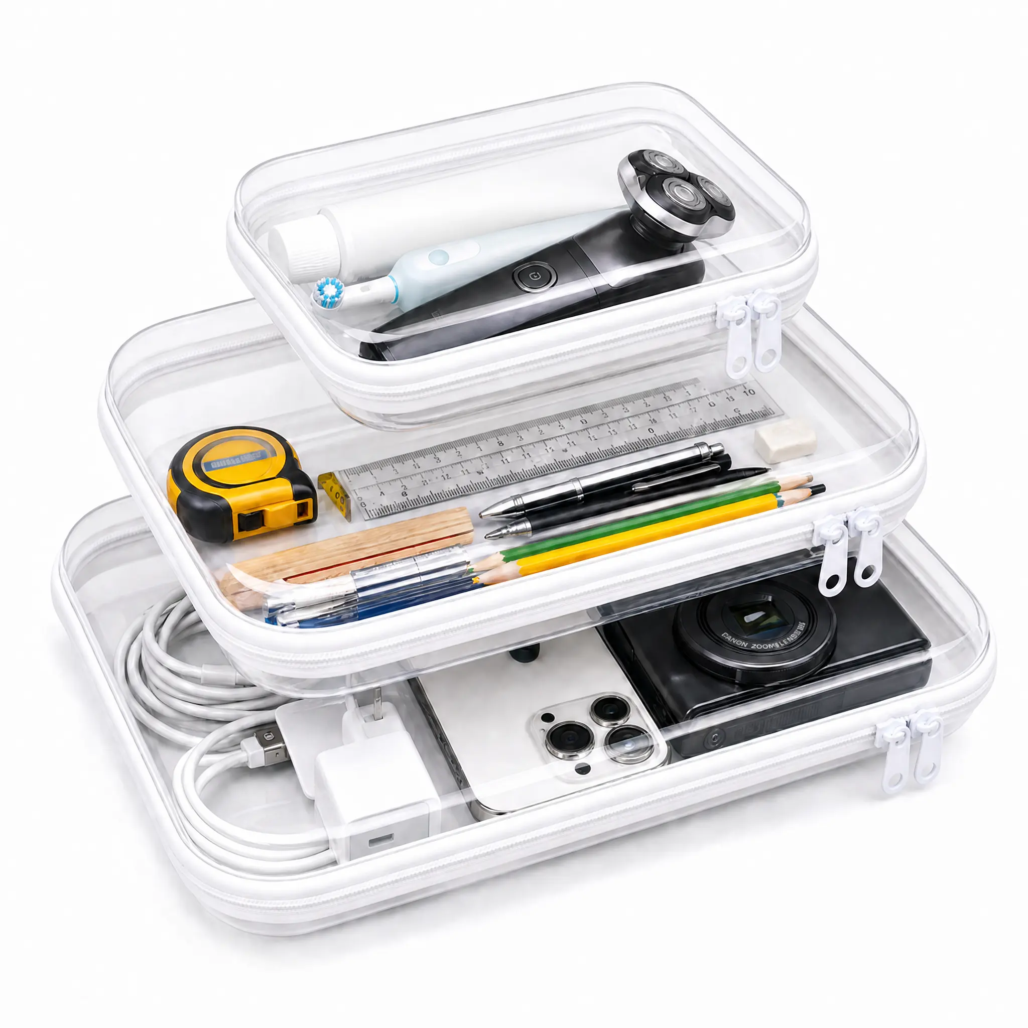 Clear Zipper Storage Organizer Bag 3 Sizes, Portable Transparent PVC Storage Case for Kids Toys, Electronics Cables, Travel Accessories