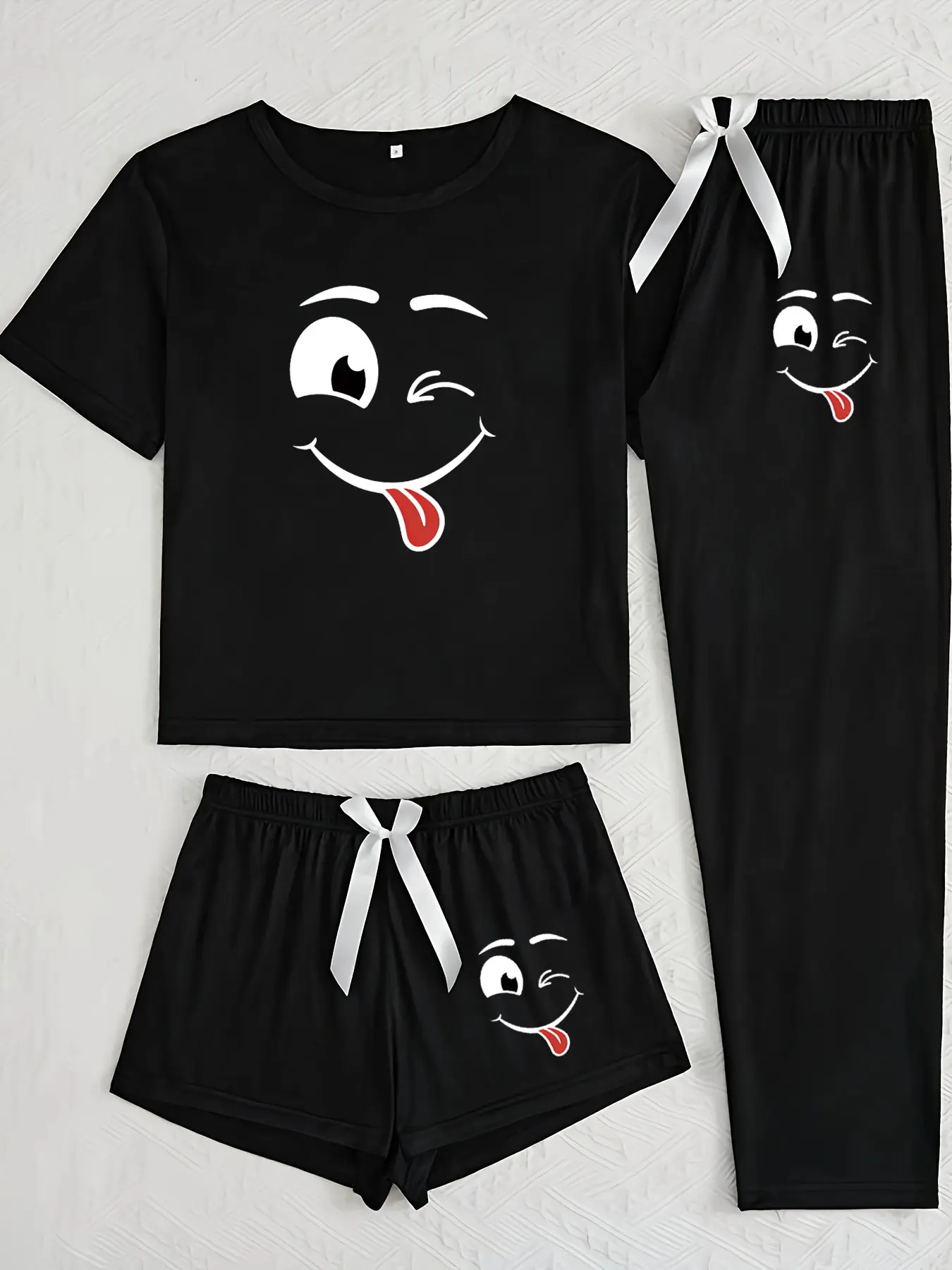 Cute Smiley Face Three-Piece Set, Cartoon Pattern Loose-Fitting Home Wear Pants, Casual All-Seasons, Comfortable Everyday Apparel, Womenswear