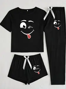 Cute Smiley Face Three-Piece Set, Cartoon Pattern Loose-Fitting Home Wear, Casual All-Seasons, Comfortable Everyday Apparel