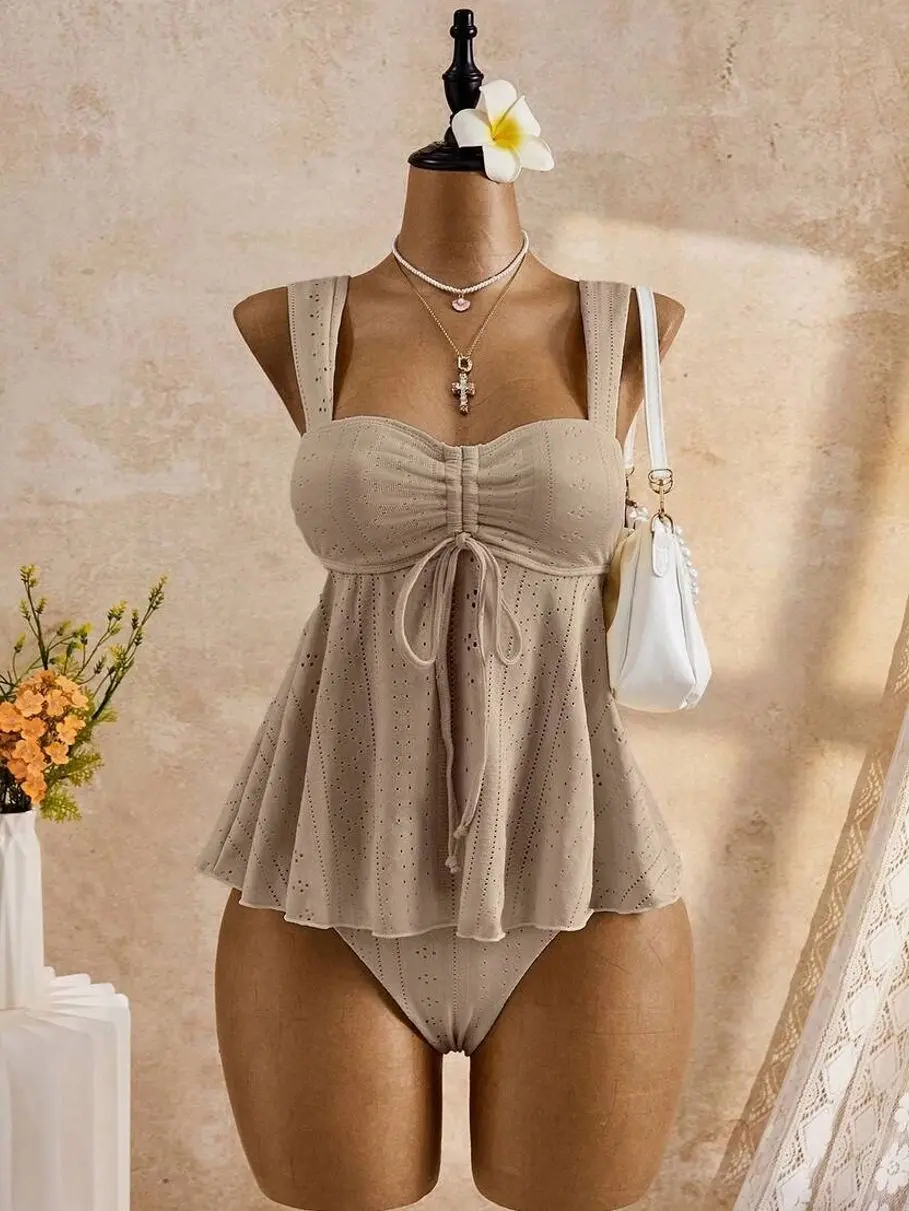 Bellisia Khaki Boho Eyelet Lace Tankini Swimsuit | Ruched Tie-Front Babydoll Top | Tummy Control A-Line Flared 2-Piece Bathing Suit