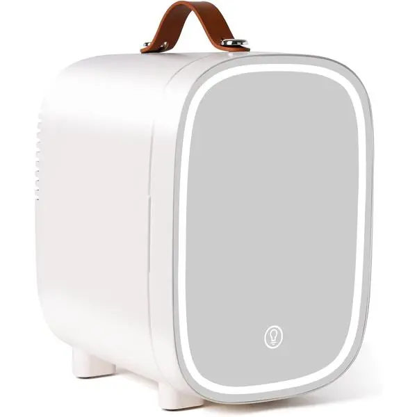Mini Fridge for Bedroom, 4 Liter/6 Can Skincare Fridge With LED Mirror & Leather Carrying Handle,12v AC/DC Cooler & Warmer Portable Small Refrigerator for Drinks, Makeup, Dorm, Office and Car(White)