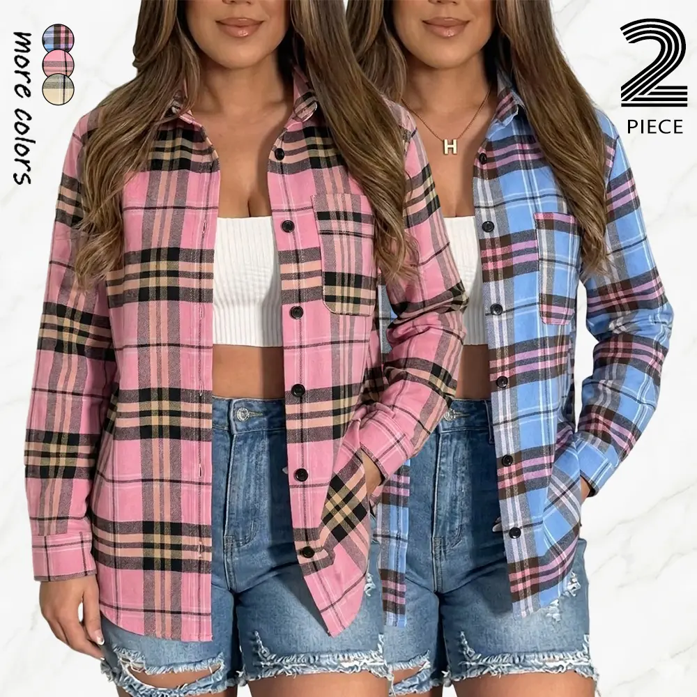 2-pack.Women’s casual plaid long-sleeve button-up shirt with a turn-down collar and loose fit; suitable for layering or wearing on its own—an essential piece for the back-to-school season.