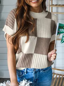 Women's Colorblock Chessboard Knit Top, Summer Casual Short Sleeve Round Neck Sweater, Daily Wear Clothing for Women