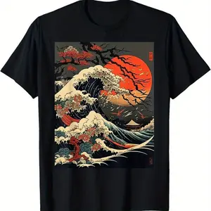 Vintage Japanese Wave Art Cotton Short Sleeve T-Shirt - Round Neck Unisex Tops Tees T-Shirts, Stylish Ukiyo-e Graphic Casual Daily Wear