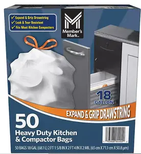 Member's Mark Heavy Duty 18-Gallon Kitchen & Compactor Trash Bags, 50 ct. Drawstring Pack Set White