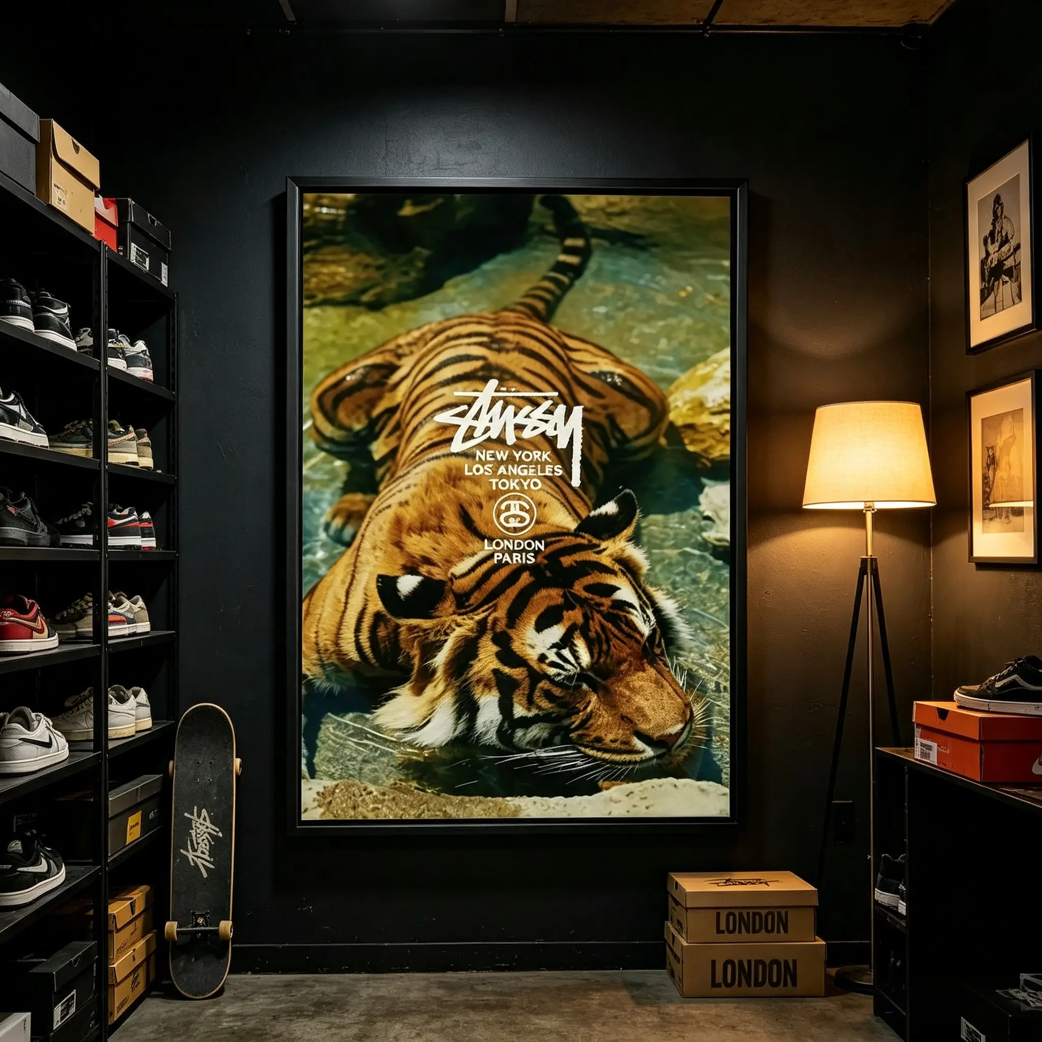 Retro Streetwear Tiger Framed Canvas Wall Art - Lightweight, Waterproof Wood-Wardrobe Compatible Funky Unique Home Decor Poster for Kid Room, Plain Bedroom Dorm Gift