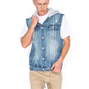 Men Detachable Hood Denim Vest Distressed Design Front Pocket Fleece Casual 2026
