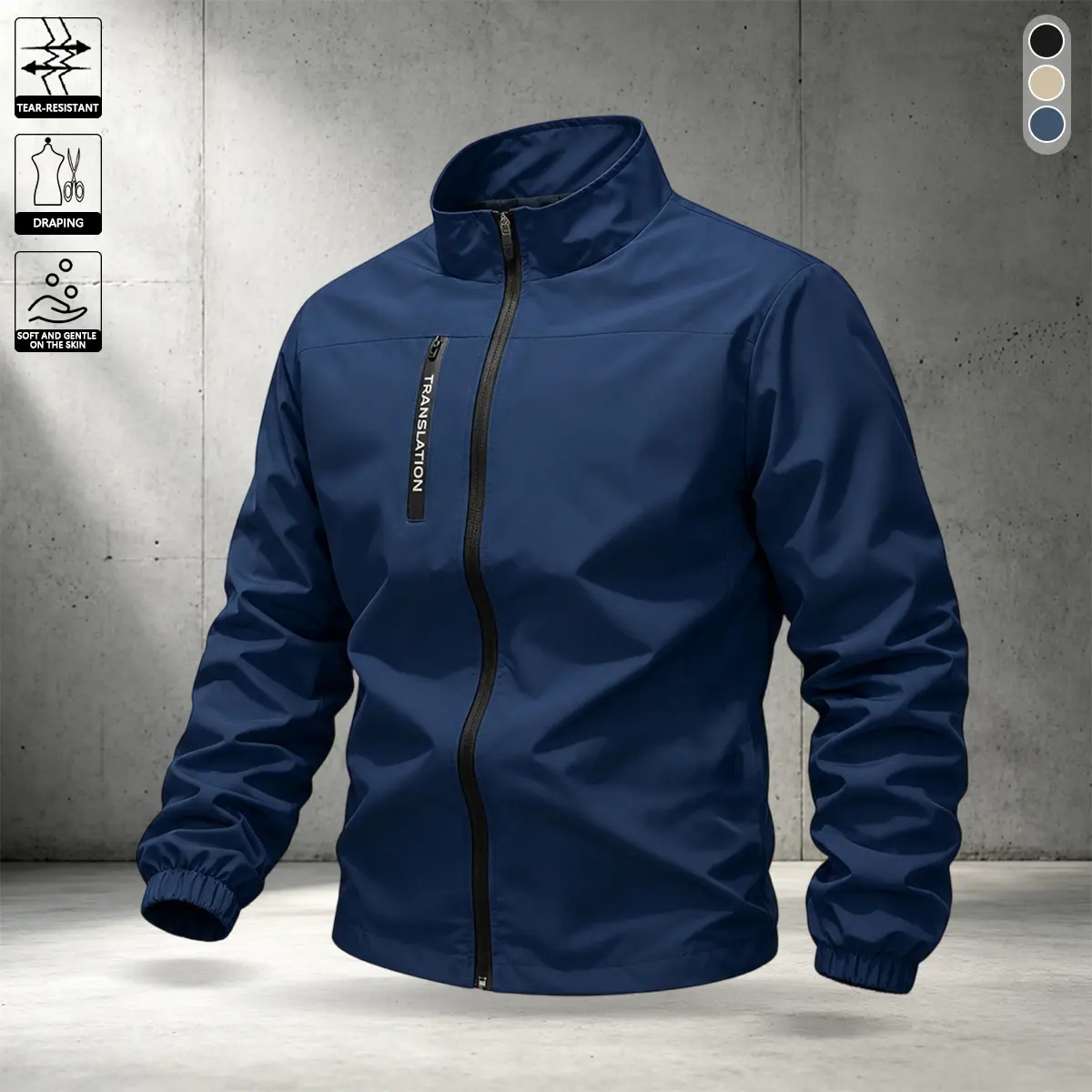 Men’s navy blue stand-collar casual jacket for spring and autumn, long sleeves, side lettered tape detailing, zippered pockets, elastic cuffs, suitable for commuting to work, city outings, and everyday shopping.