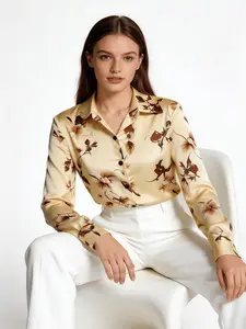 Women's Floral Print Satin Button Up Blouse,Elegant Long Sleeve Button Closure Top for Work Office Business, Ladies Clothes for All Seasons, Shirts, Womenswear, Elegance