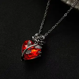 Enchanted Rose & Heart Pendant Necklace - Antiqued Silver Tone with Ruby Red Crystal - Romantic Gothic Vintage Style - Perfect Gift for Valentine's Day