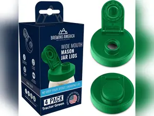 Mason Jar Lids Wide Mouth Plastic 4 Pack Leak Proof with Flip Cap Pouring Spout & Drink Hole - Tractor Green