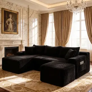 94.5" U-Shape Cloud Couch, Boneless Couches, Modern Modular Sectional L-Shape Sofa with Ottoman, Corduroy Upholstered Couches Deep Seat Sleeper Chaise Longue for Living Room, No Assembly Required (Black, Left Facing Chaise)