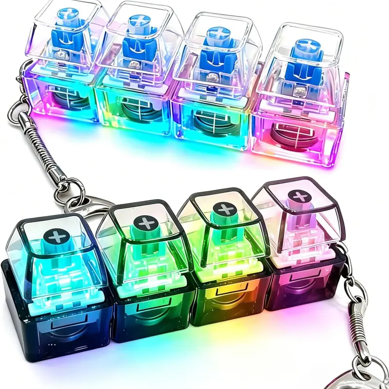 1/2PCS LED Light Keyboard Fidget Keychain, 4-in-1 Stress Relief Clicker Toy, Finger Keyboard Button Clicker for Anxiety Relief, Sensory Decompression Toy for Teens & Adults
