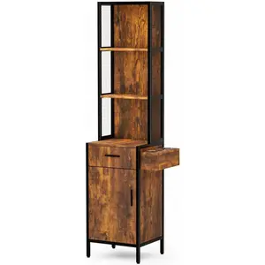 Salon Station for Hair Stylist, Wall Mount Barber Stations, Hair Styling Storage Cabinet with 3-Tier Open Shelves,1 Drawer, 1 Cabinet & 3 Hot Tool Holders,Rustic Brown