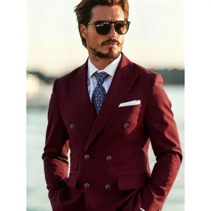 Men's Modern Solid Color Double Breasted Peak Lapel Suit 2pcs Set, Classic Formal Wear for Office and Evening Events, Stylish Slim Fit, Soft Lightweight Material, Versatile All-Match Design fathersdaygiftideas men