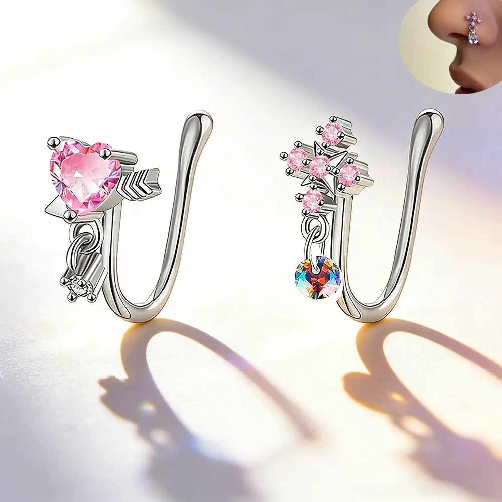 2PCS Adjustable Fake Nose Rings for Women,Non-Piercings Nose Ring Set With Heart-shaped Cross Style Shut Up Nose Clip Stylish Pink Fake Nose Piercings