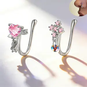 2PCS Adjustable Fake Nose Rings for Women Nose Piercings Set With Heart-shaped Cross Style Shut Up Nose Clip Stylish Pink Nose Ring Jewelry