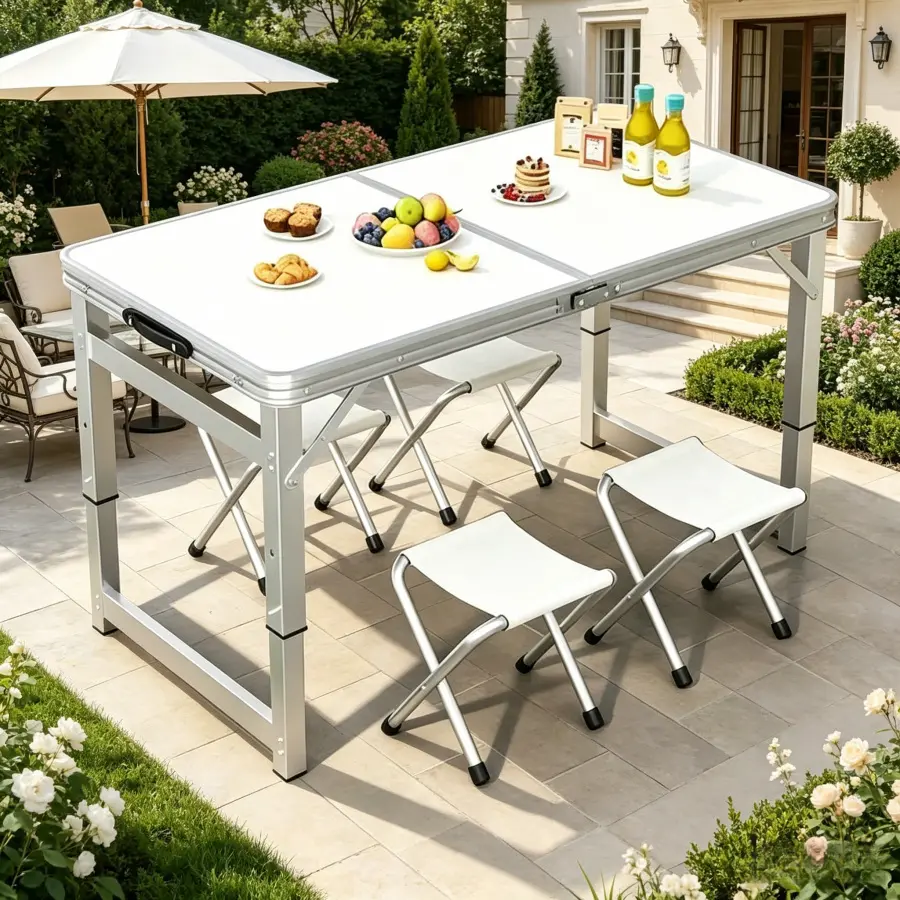 Outdoor Portable Folding Table & 4 Foldable Stools Set - Aluminum Alloy Sturdy Glamping Style Table, Height-Adjustable Tabletop, Carry Handles, Suitable for Camping, Grilling, Fishing, Folding Set Tables