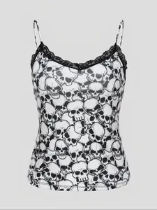 Women's Skull Print Contrast Lace Cami Top, Casual Comfy Cami, Casual Sleeveless Spaghetti Strap Top for Daily Wear, Ladies Clothes for Summer, Halloween, Graphic Tank Top
