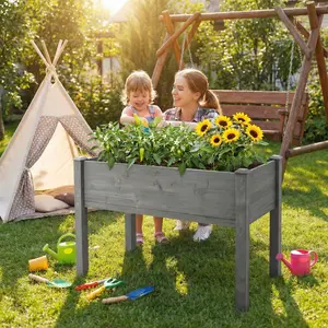 Weather-Resistant Grey Fir Wood Raised Garden Bed with Legs - Wooden Planter Box with Liner, Outdoor Standing Container for Vegetables, Flowers, Backyard Summer Garden Use, Raised Garden Beds