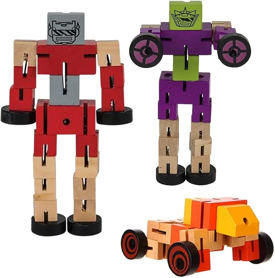 Wooden Toy Robots - 3 Pack - Adorable Action Figures, Toy Cars in Assorted Colors for Boys and Girls - Develop Cognitive and Motor Skills - Fun Gift and Birthday Party Favors for Kids