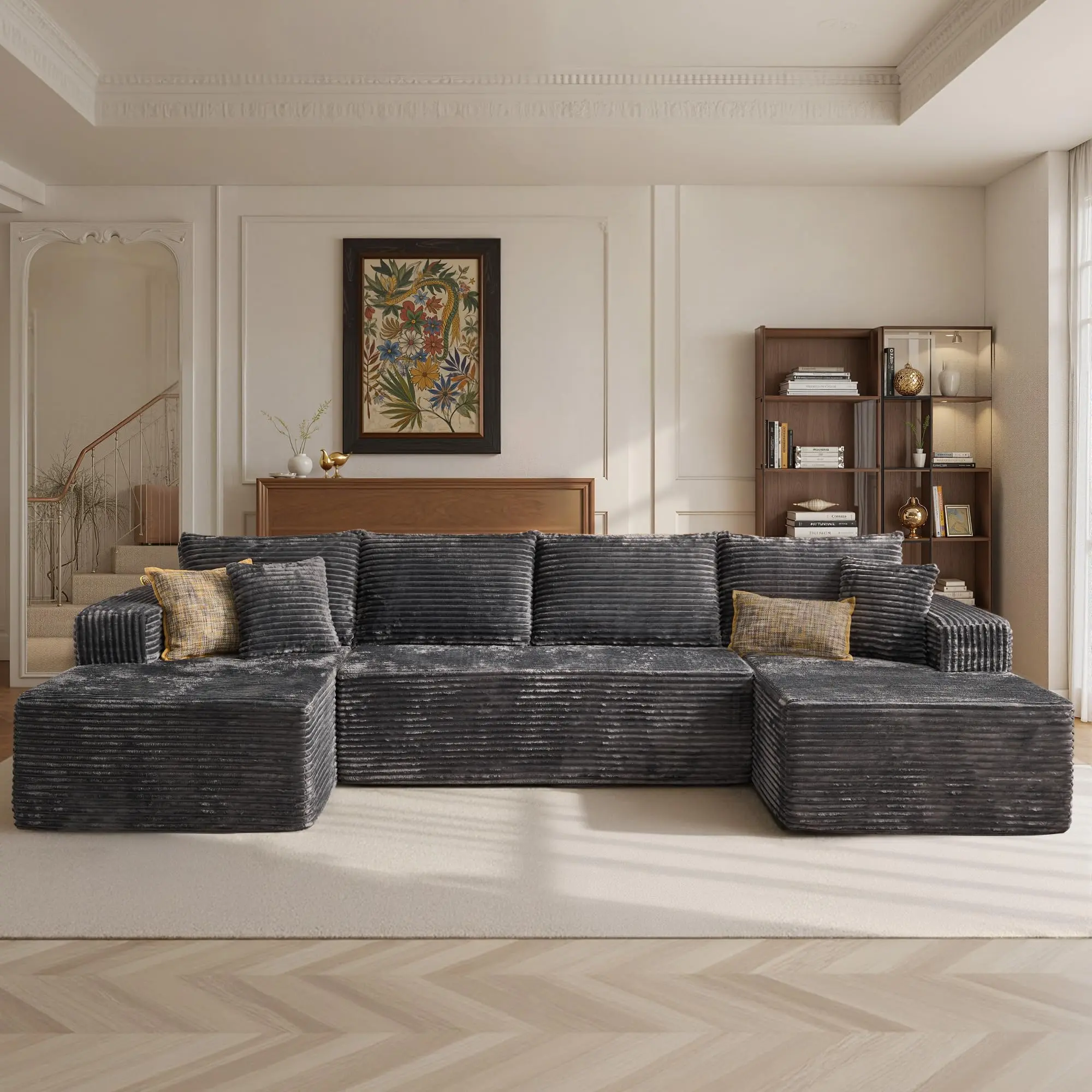 [3 Packs Shipped] U-Shaped Modular Sleeper Sofa, Compressed Corduroy, Modern Sofas with 27.76 inches Seat Depth, Space-Saving Convertible Cloud Couch, for Living Room Decor, Bedroom, Office