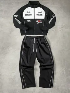 Men's Racing-Themed Jacket & Pants Set, Color-Block Zip-Up Jacket with Speed/racing Prints, Pants with Stripes, Spring & Fall, Sporty Set