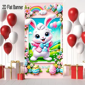 2D flat banner, 1pcCheerful Cartoon White Rabbit Easter Backdrop, Springtime Rabbit with Balloons Rainbow Hillside Background for Easter Party Decorationsgalentines party decor, valentine day decor, decorations for valentines day