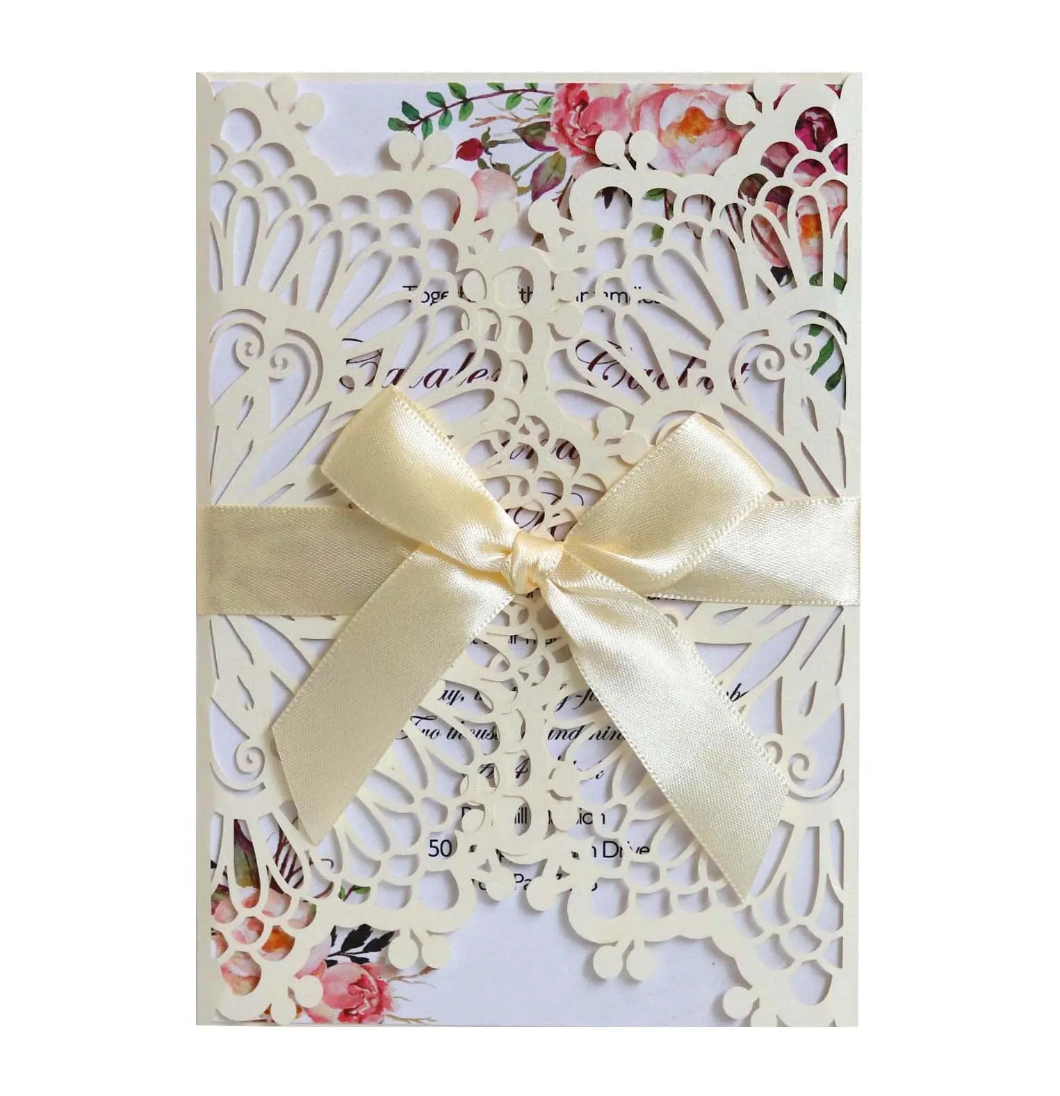 Wedding Invitations, Blush Pink Laser-Cut Paper Cards with Bows & Envelopes, 17.5×12 cm Wedding Supplies (18×12.5 cm Option Available), 18X12.5cm