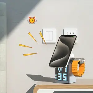 6-in-1 MagSafe-Compatible Magnetic Charger | with Clock & Pixel Display | Multi-Device Desktop Charging Station | Smart Travel Companion for March Madness, Spring Break, World Cup & Easter