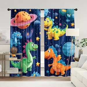 Fashion Animal Curtains Window Curtain Set of 2, Cartoon Dinosaur and Star Pattern, Polyester Fabric, Ideal for Kitchen, Coffee Shop, Living Room, Balcony, Garden