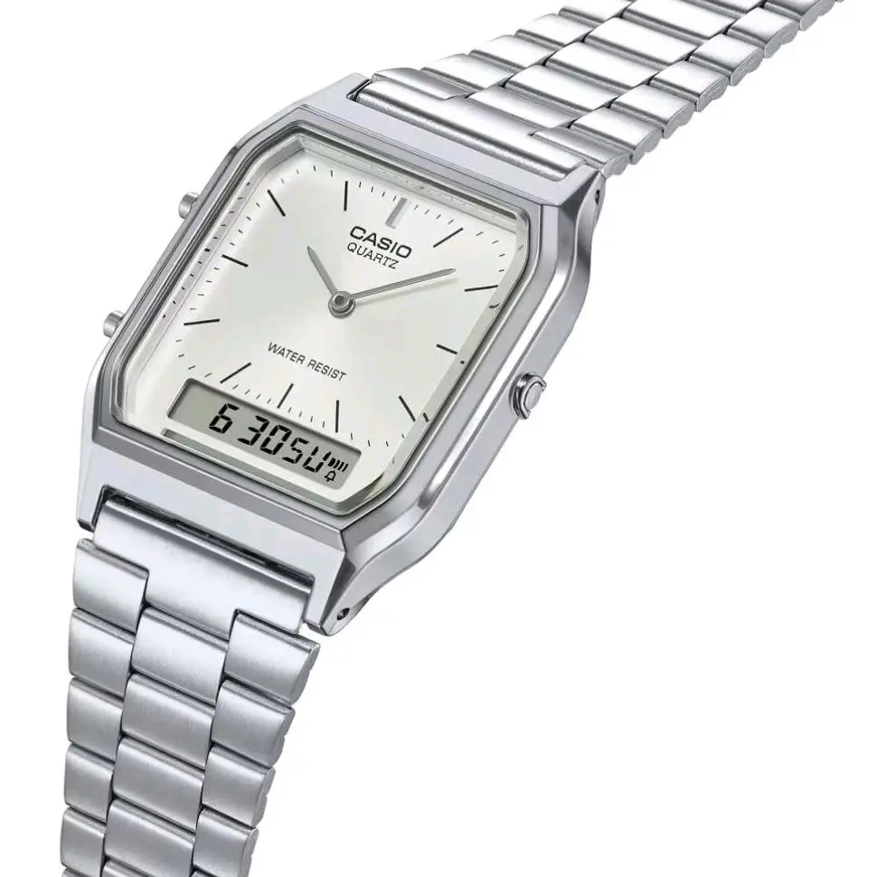 AQ230A-7A New Casio Vintage Silver dual time unisex watch "elegent dress watch"