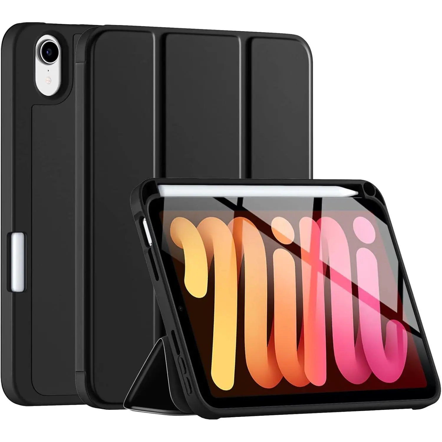for iPad Mini 7/6 Case 2024/2021 (A17 Pro), for iPad Mini 7th/6th Generation Case 8.3 Inch with Pencil Holder, Slim Trifold Stand Cover with Soft TPU , Auto Sleep/Wake, Black