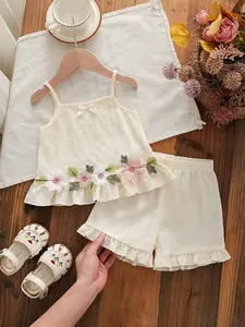 Girl Cute Countryside Casual Style Set, Forest Flower Sweet Style, Girl Fashion Strap Top+Shorts Two Piece Set, 3D Flower Embroidery+ruffle hem, Valentine's Day Gift, Suitable for Daily Outing, Family Dinner, Countryside Play, Baby Clothing