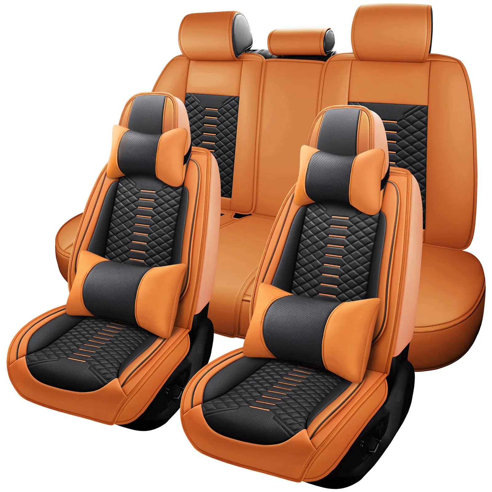 OTOEZ Universal Nappa Leather 5PCS Full Set Car Seat Covers with Headrest & Lumbar Support Waterproof Easy Install Car Interior Accessories